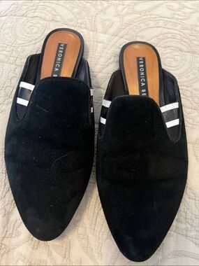 Veronica Beard Black Suede Slip-On Mules with Silver Stripe Detail